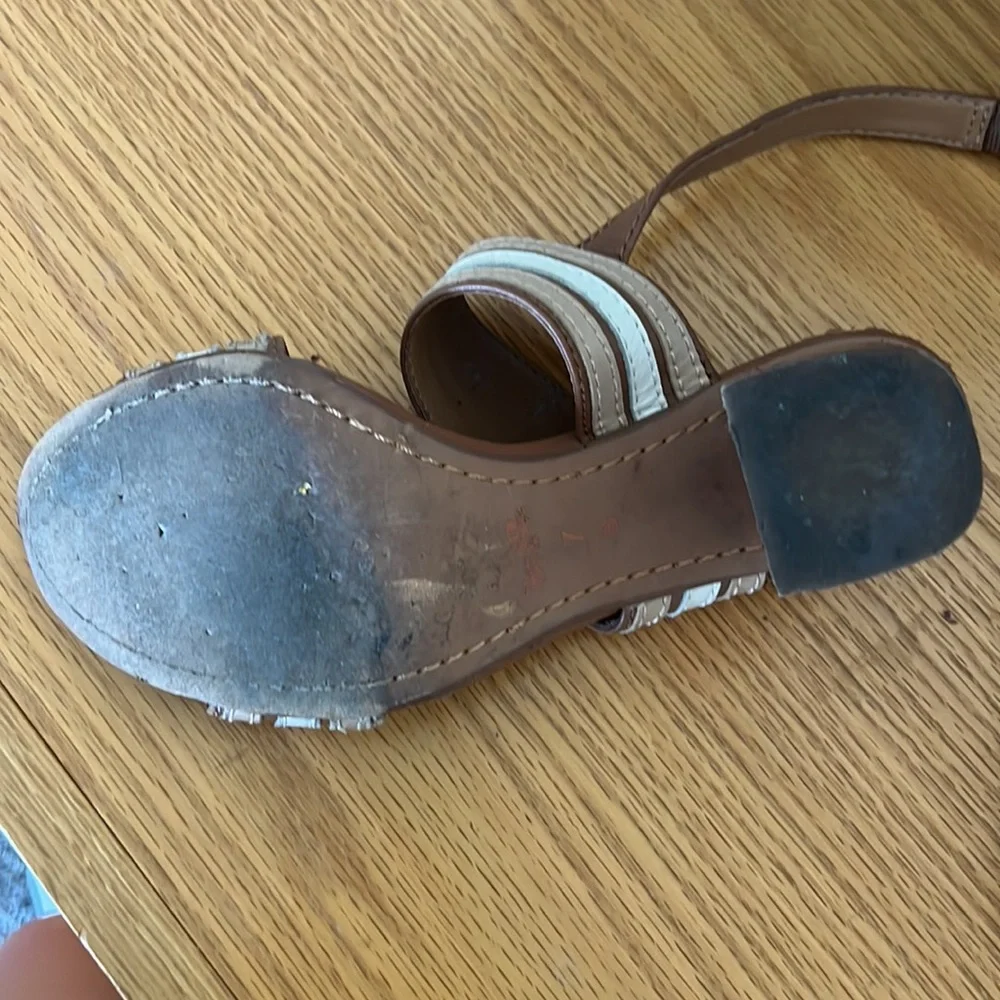Coach Princeton Leather Strappy Slingback Sandal Tan Brown Stripe Block Heel